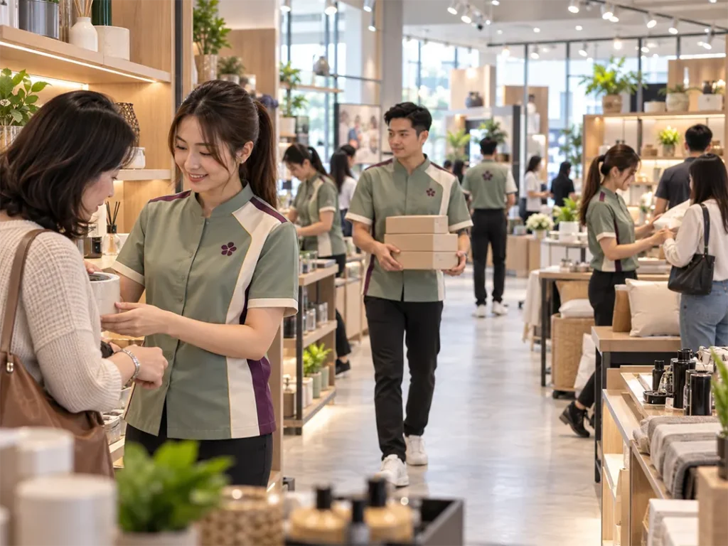Corporate team wearing matching branded company uniforms