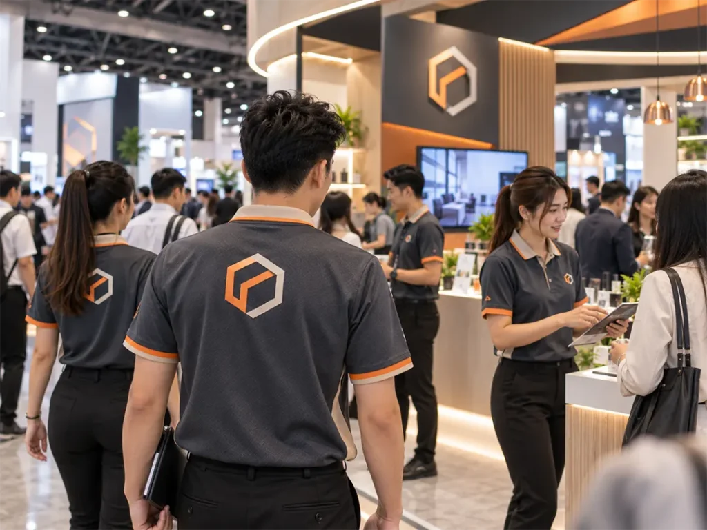 Promotional team wearing branded uniforms at a business exhibition