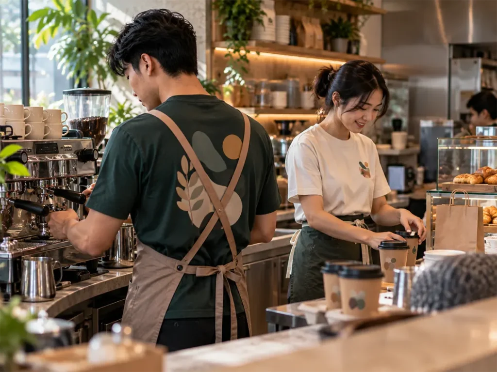 Modern branded cafe staff uniforms with aprons in Malaysia