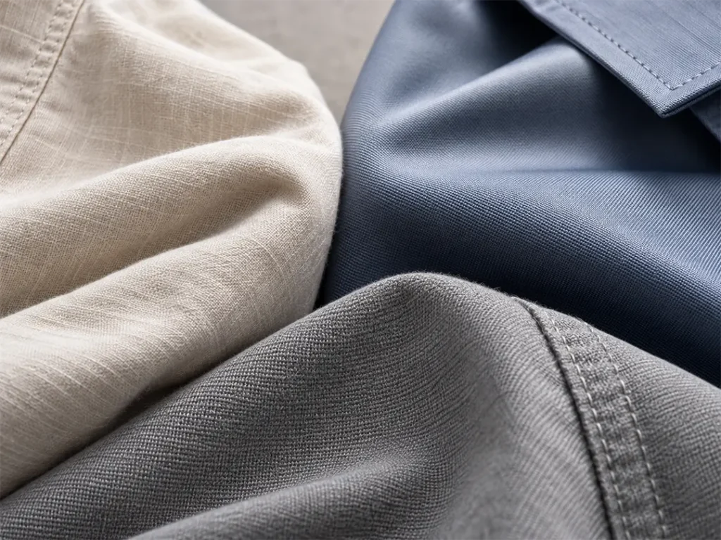Close-up comparison of cotton polyester and blended uniform fabrics