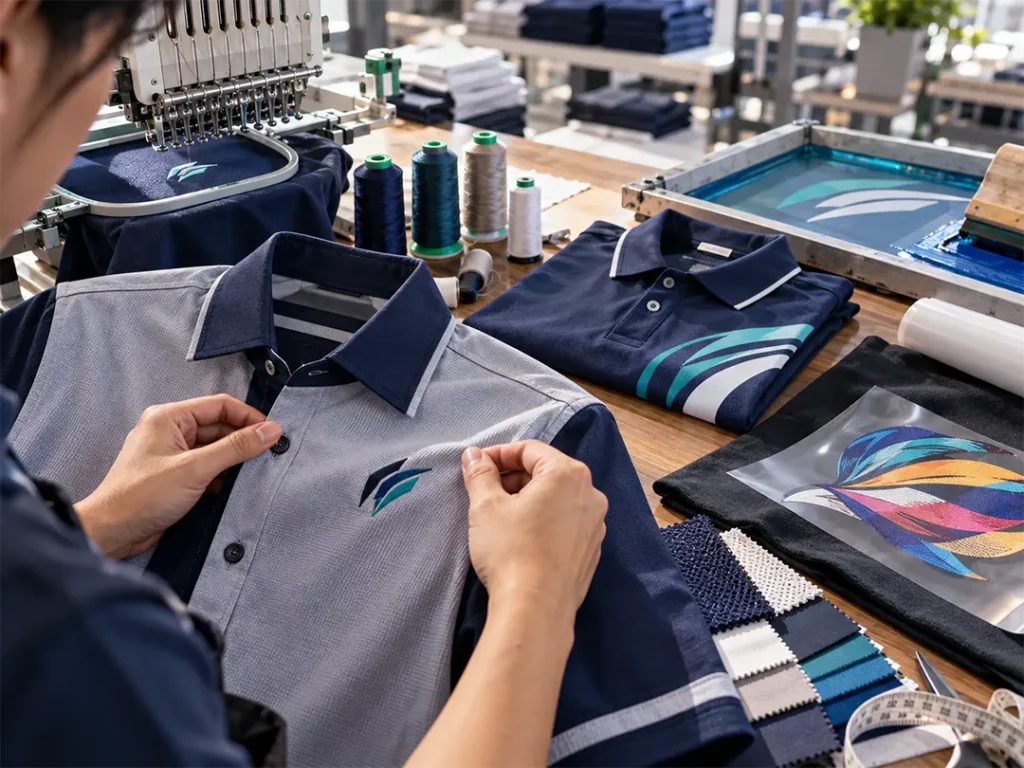 Embroidered and printed company logos on corporate uniforms