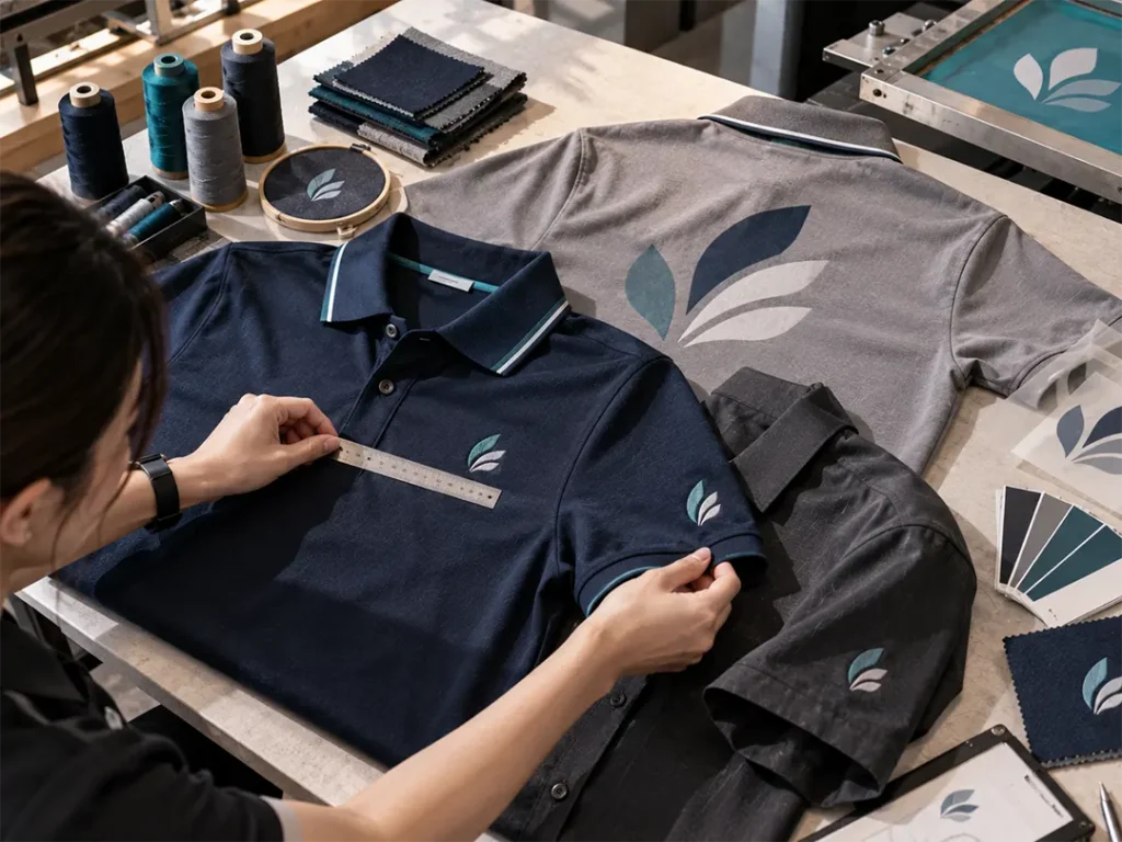 Front back and sleeve logo placement guide for corporate uniforms