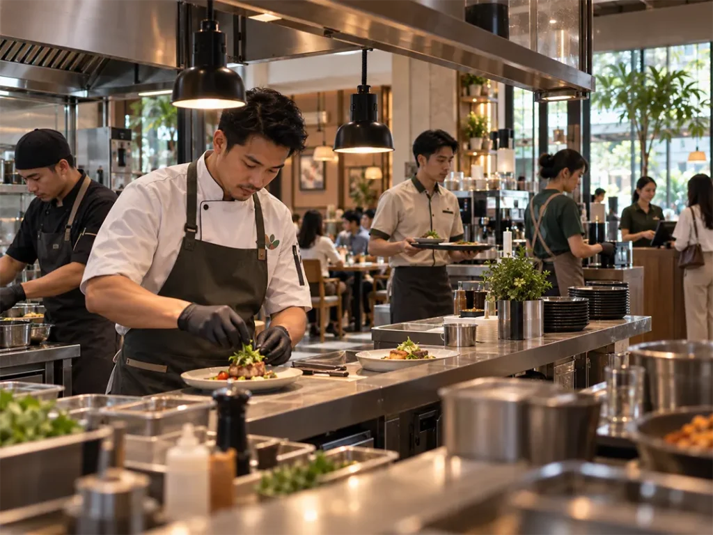 Restaurant chef barista and service staff wearing coordinated uniforms