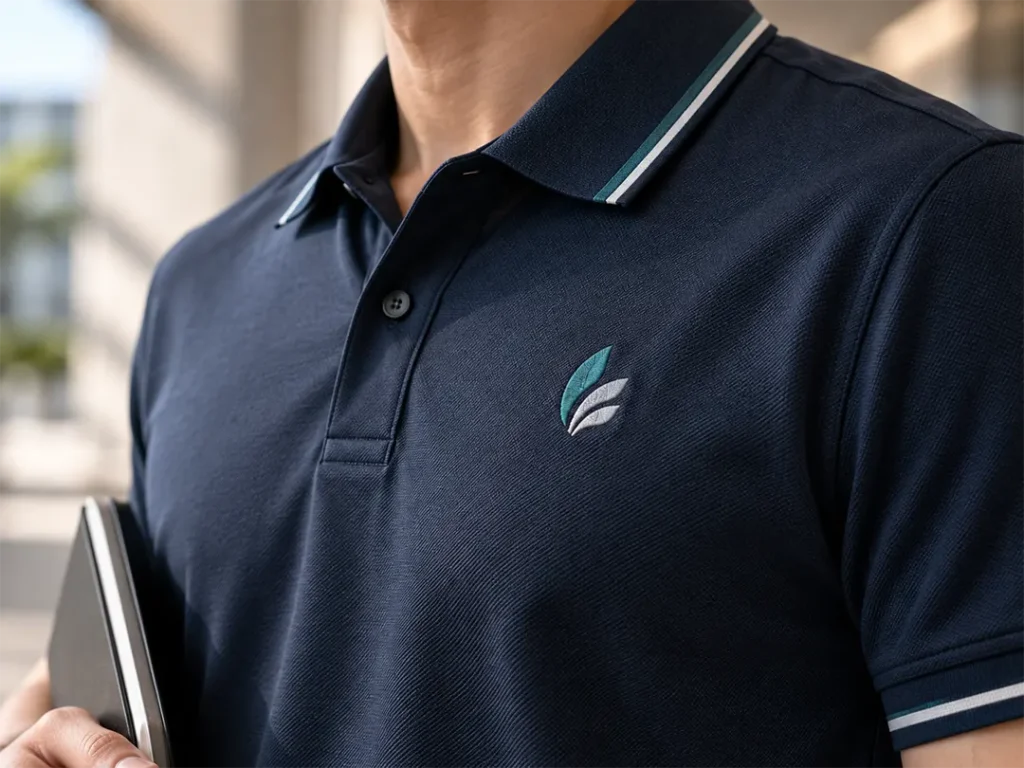 Company logo embroidered on the left chest of a corporate polo shirt
