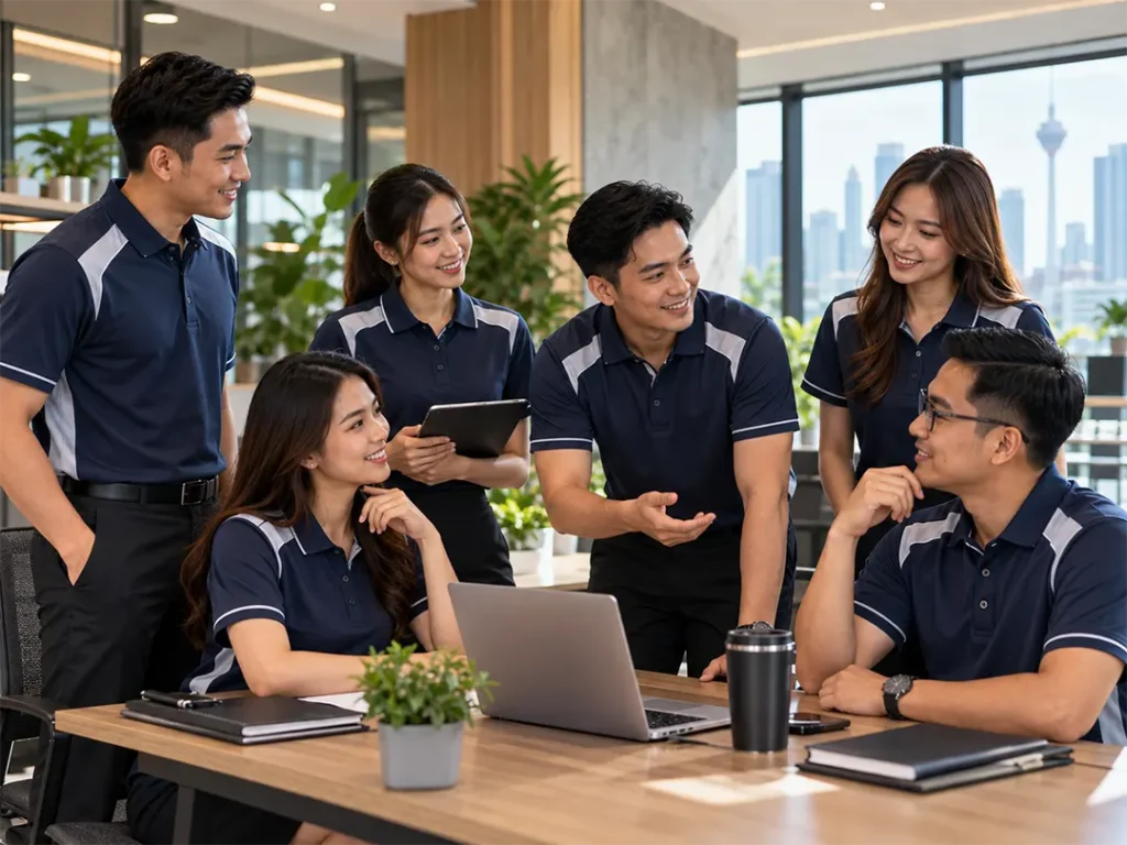 Professional Malaysian business team wearing matching corporate uniforms
