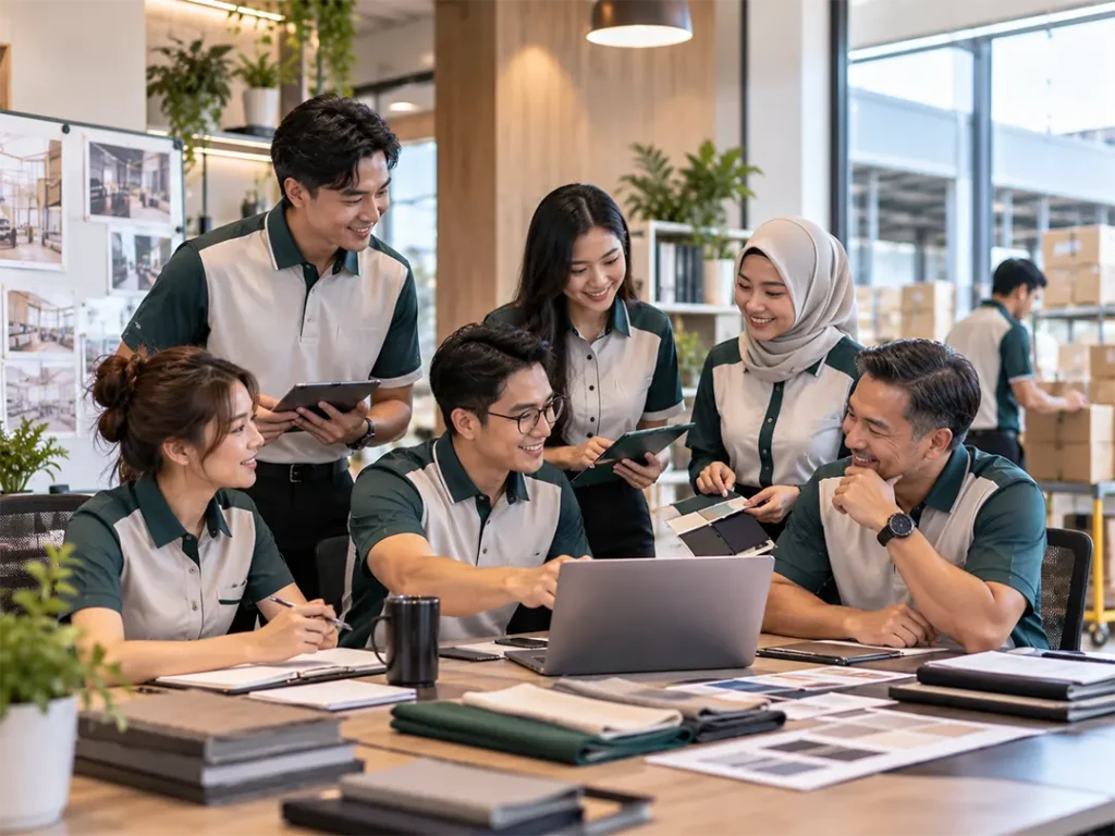 Professional business team wearing custom company uniforms