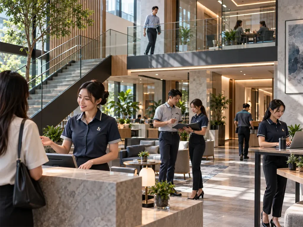 Office employees wearing coordinated corporate uniforms