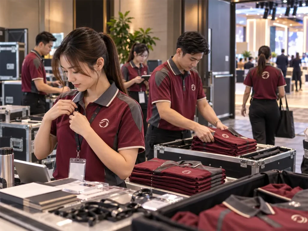 Professional promotional team wearing matching custom uniform