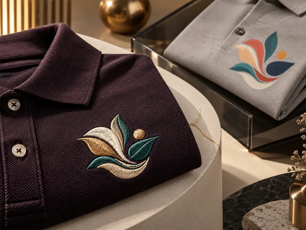 Close-up comparison of embroidered and DTF printed uniform logos
