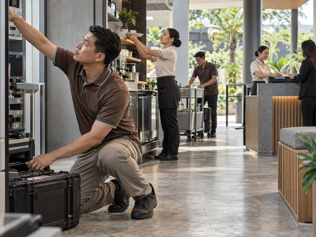 Employees testing uniform fit for different workplace activities